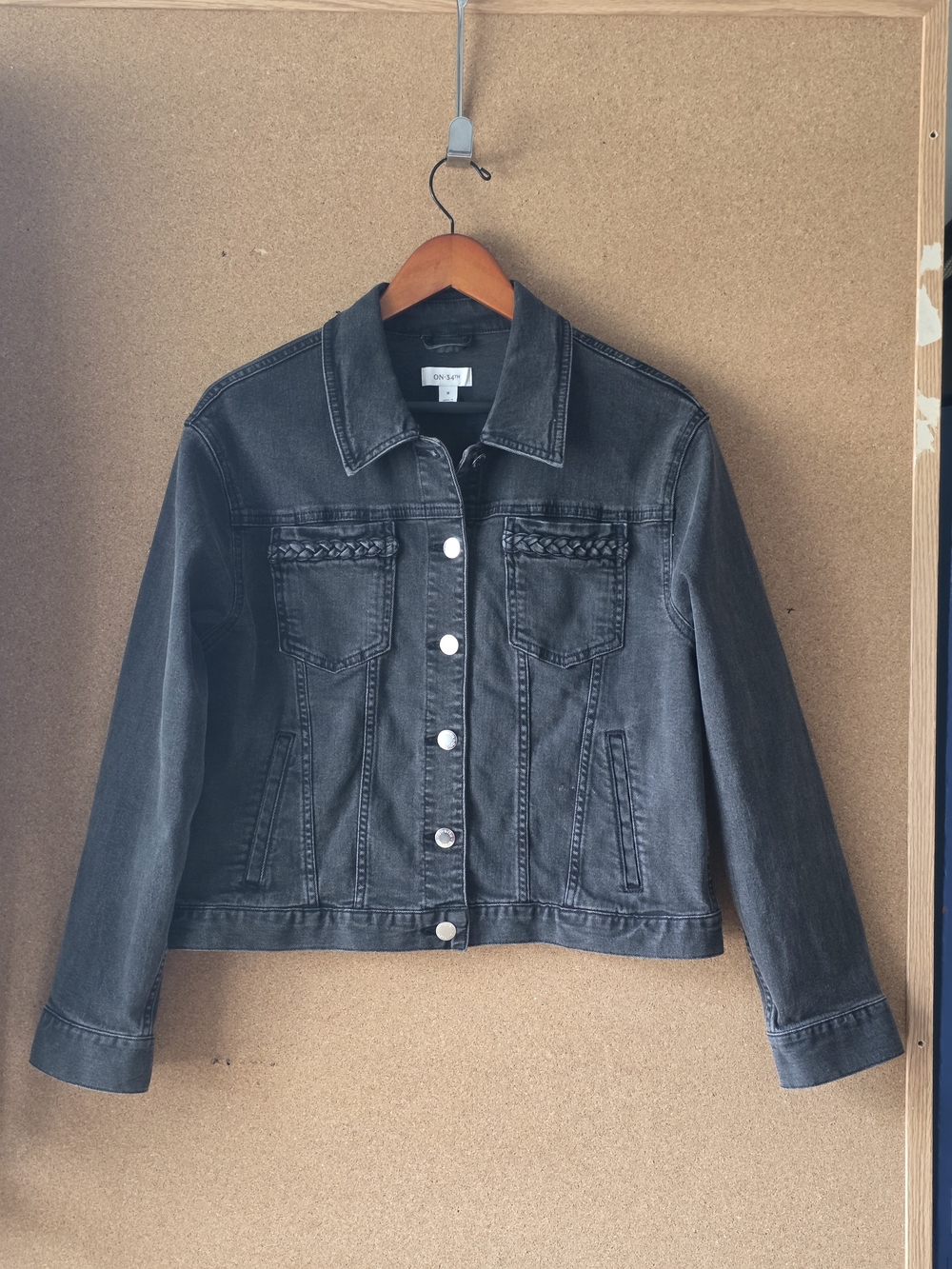 On 34th Macy's Washed Black Grey Denim Trucker Jacket Braided Detail Size M